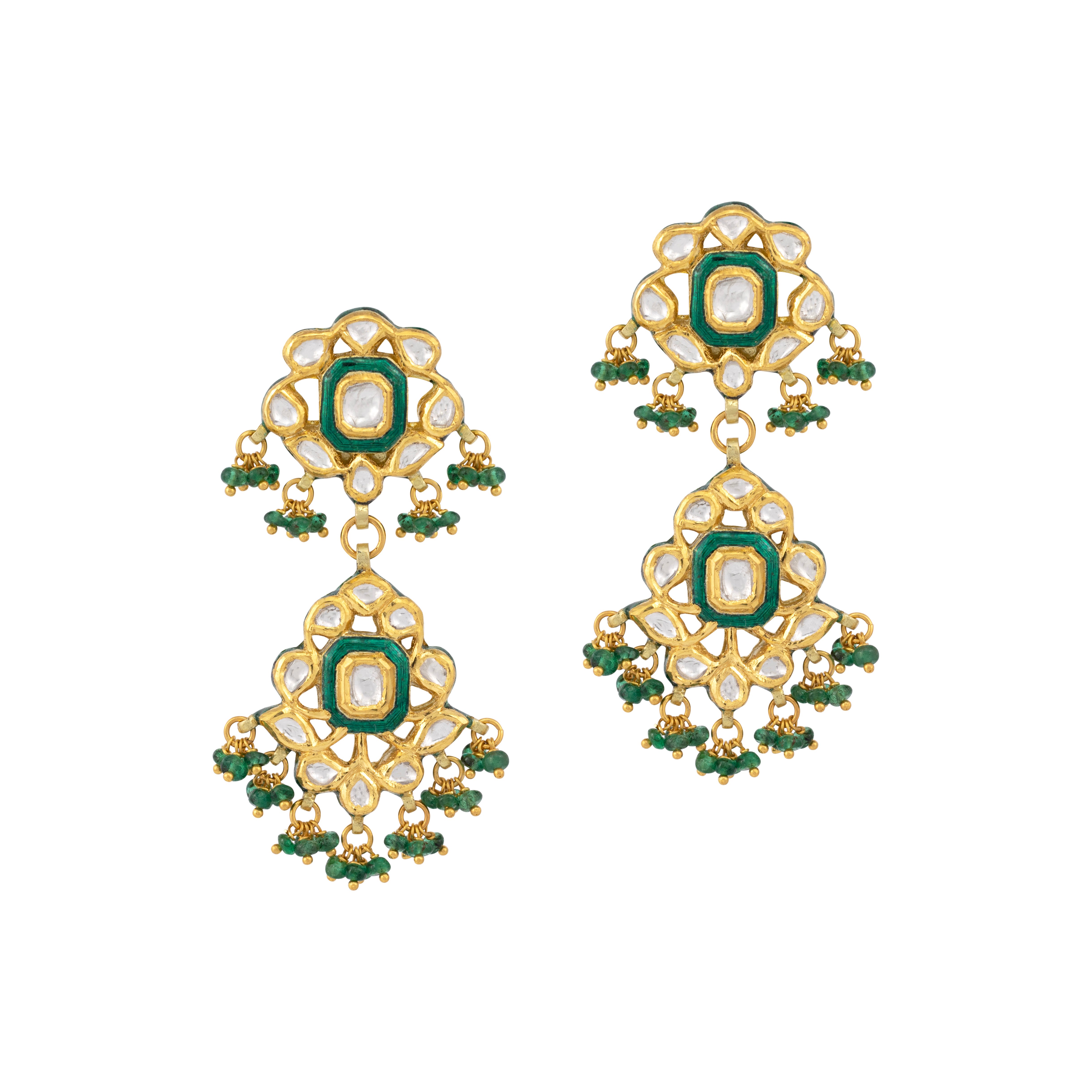 Double-Tier Polki Earrings with Green Meenakari